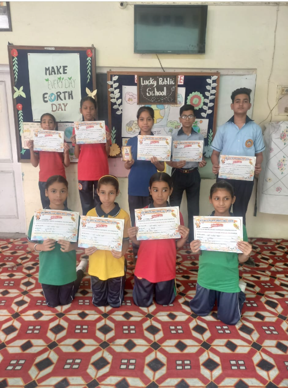 Students of Lucky Public School participating in an art and drawing competition, creatively expressing ideas through vibrant colors and detailed artwork.